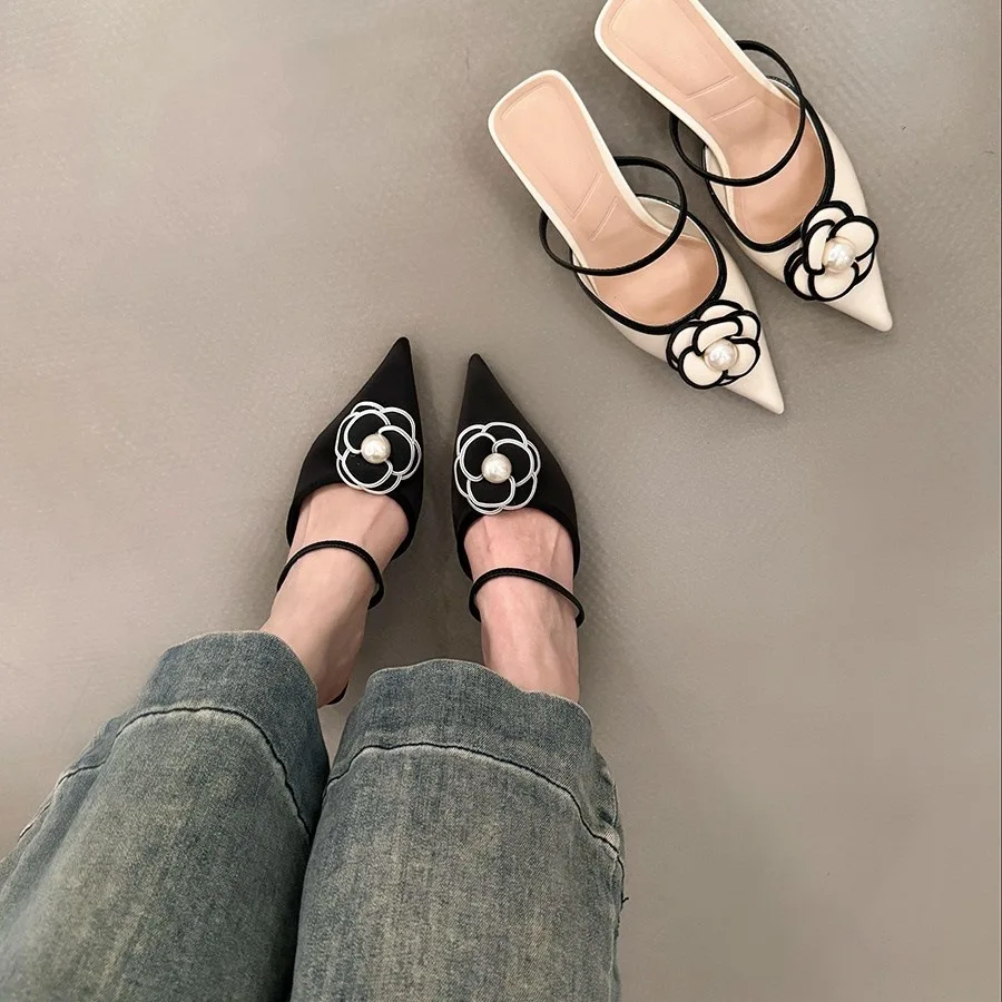 Designer Flower Women Heeled Slippers Bead Pointed Toe Mid Heels Shoes 2025 Fashion Shallow Pumps Party Summer Chaussures Ladies