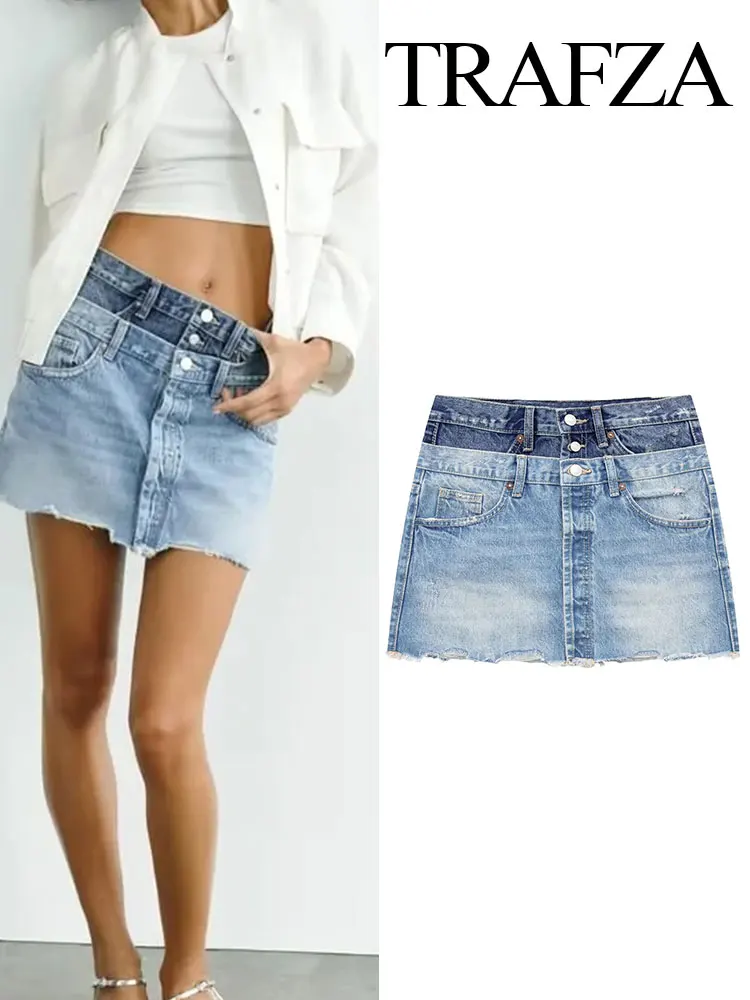 

TRAFZA Ladies Summer Fashion High Waist Wide Pleated Stitching Design Satin Shorts Casual Hidden Button Denim Shorts Miniskirt