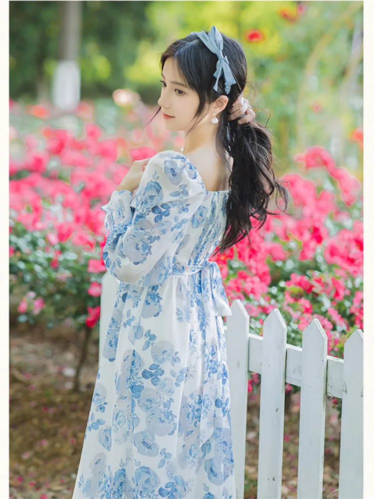 Women French Vintage Print Long Sleeve Dress Autumn Female