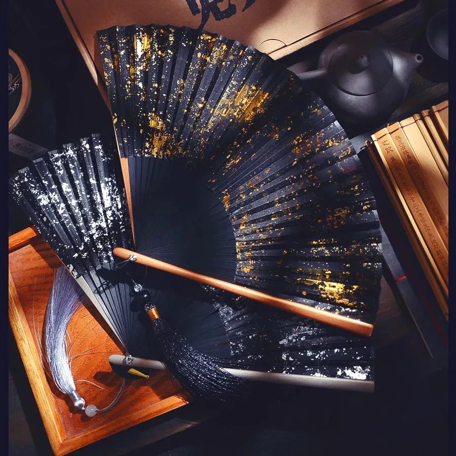 Chinese Silk Fan 6" Gold-Sprinkled Handmade Folding Fan for Hanfu Qipao Cheongsam