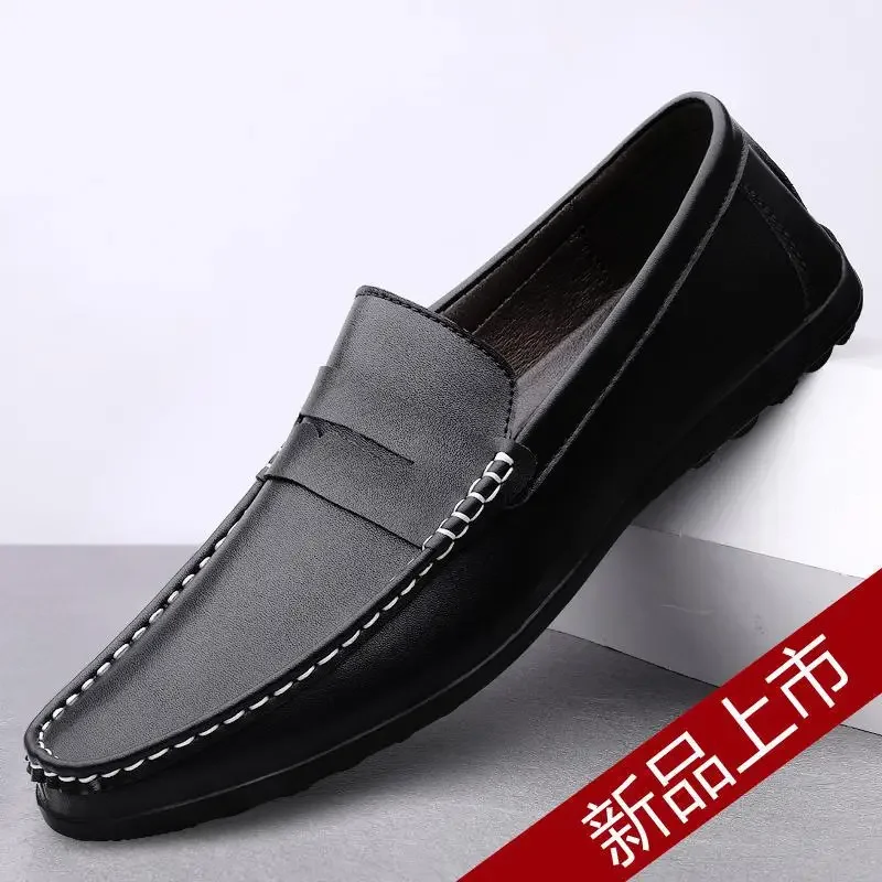 

Casual Leather Shoes Men's Summer Soft and Genuine Leather Surface Tendon Bottom Large Size Slip-on Pure Cowhide Peas Shoes