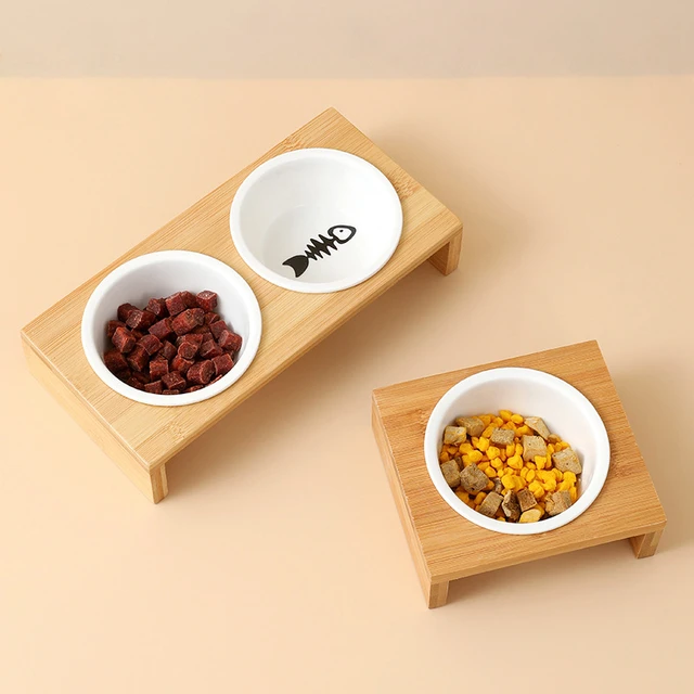 Pet Cat Dog Double Bowl Single Bowl Ceramic Bowl Bamboo Wooden Table Into A Kitten Skid Resistant Double Bowl Small Dog Food Bow 5