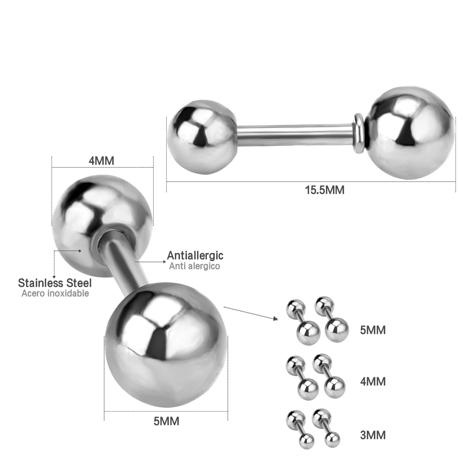 Wholesale Set of 12 Pairs Stainless Steel Ball Stud Earrings with Screw Back, Mixed Sizes