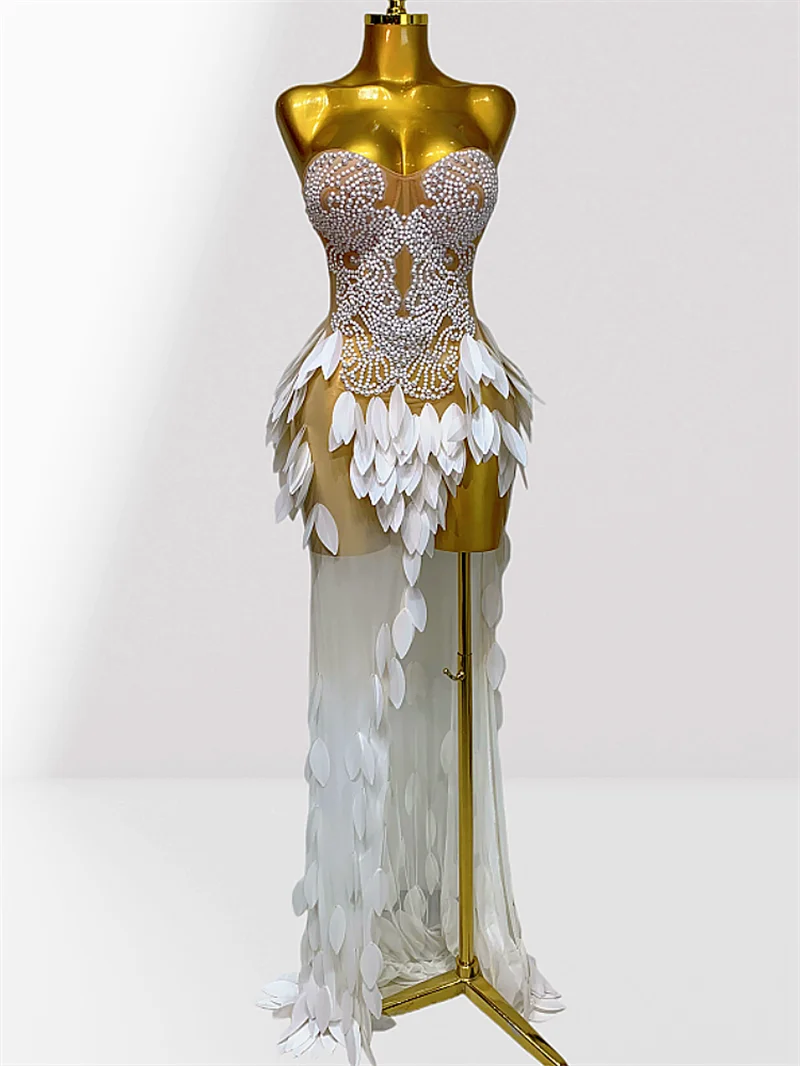 White Acrylic Feathers Mesh Sheer Strapless Long Dress Woman Birthday Party Wedding Party Dress Stage Performance Costume