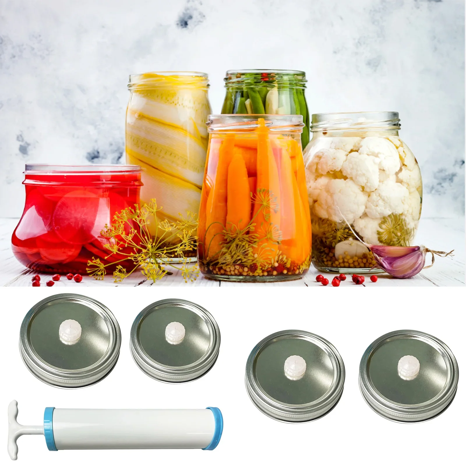 Mason Jars Covers Vacuum Preservation Lids Set Mason Can Air Extraction Caps Reusable Food Jars Sealing Caps with Manual Pump
