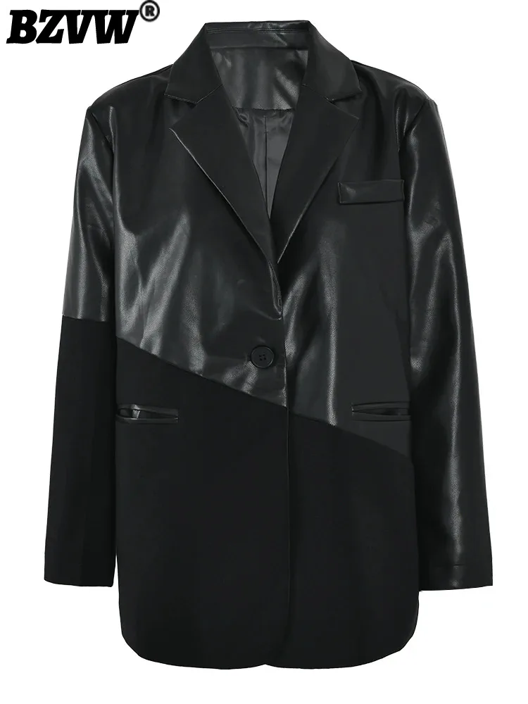 

BZVW Black Spliced Fashion Designer PU Leather Blazer Coat Women's 2023 Autumn New Versatile Loose Casual Jacket Female CP2343