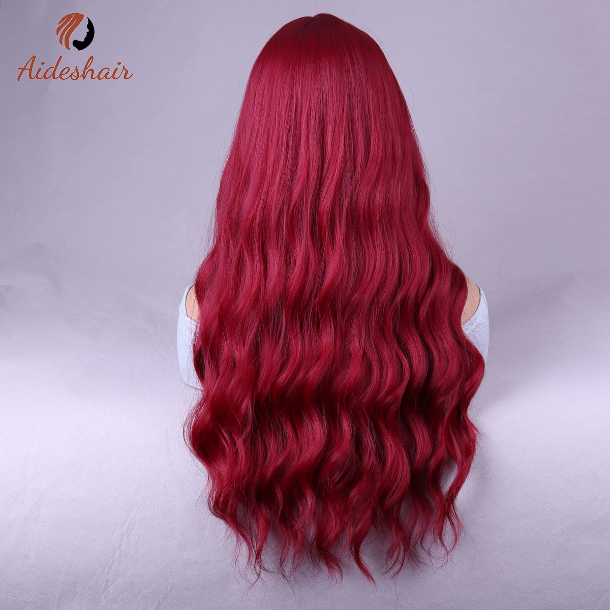 Aideshair 여성용 앞머리 버건디 가발, 긴 곱슬 웨이브 합성 가발, 일상 파티용, 28 인치 전체 길이 앞머리