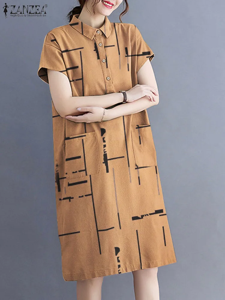 

Women Lapel Neck Printed Dresses ZANZEA Summer Short Sleeve Shirt Dress Buttons Sundress Holiday Work Vestido s Knee Length Robe