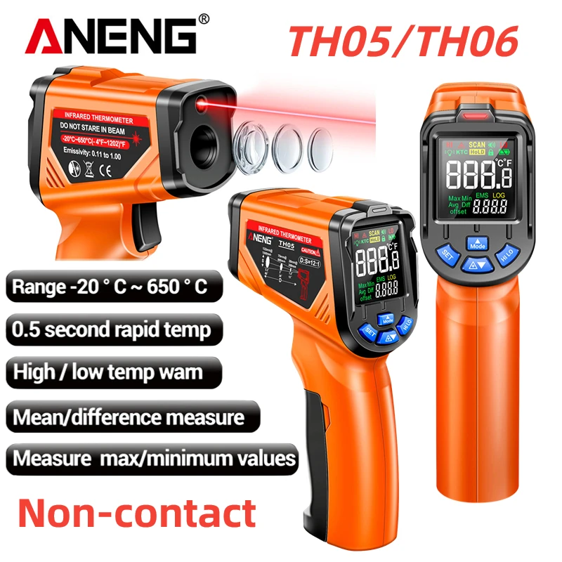 ANENG TH06 Infrared Temperature Gun 0.1~1.00 Adjustable Laser Surface Temp  Reader High/Low Temperature Alarm for Kitchen Cooking