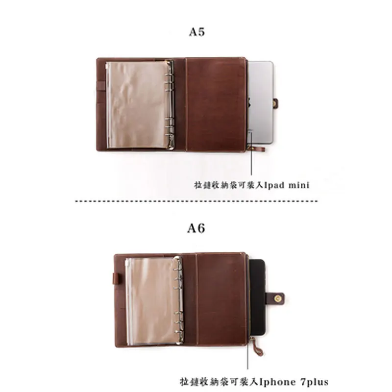 Yiwi Couro Genuíno a5 a6 a7 Plaina Folha Solta Pasta Diário Caderno com Bolsa Zip - Imagem 4