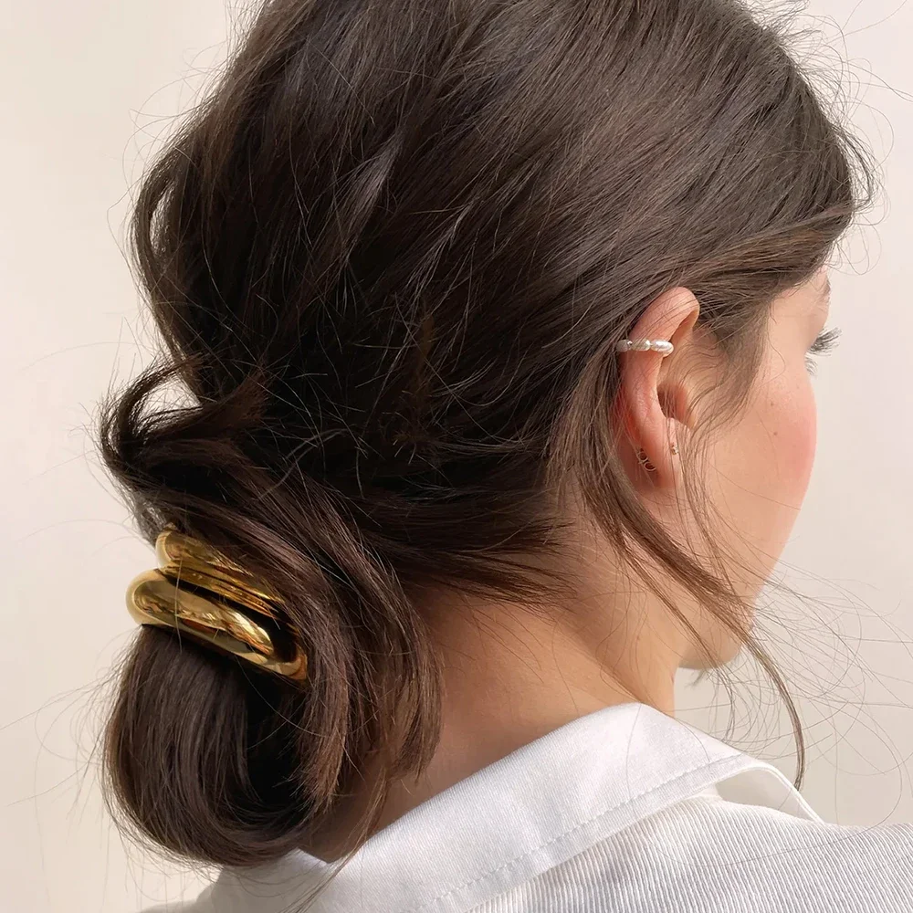 Stainless Steel Glossy Dome Pony Cuff Bubble Hammered Arch Elastic Band Ponytail Holder Headband Hair Clip Accessories Jewelry