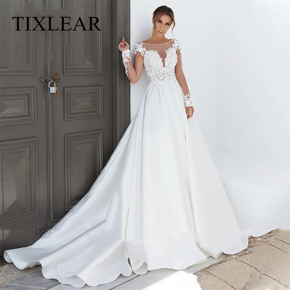 

TIXLEAR Modern A-Line Wedding Dress Appliques O-Neck Long Sleeves Backless Court Train Bridal Gown Illusion Vestidos De Noiva