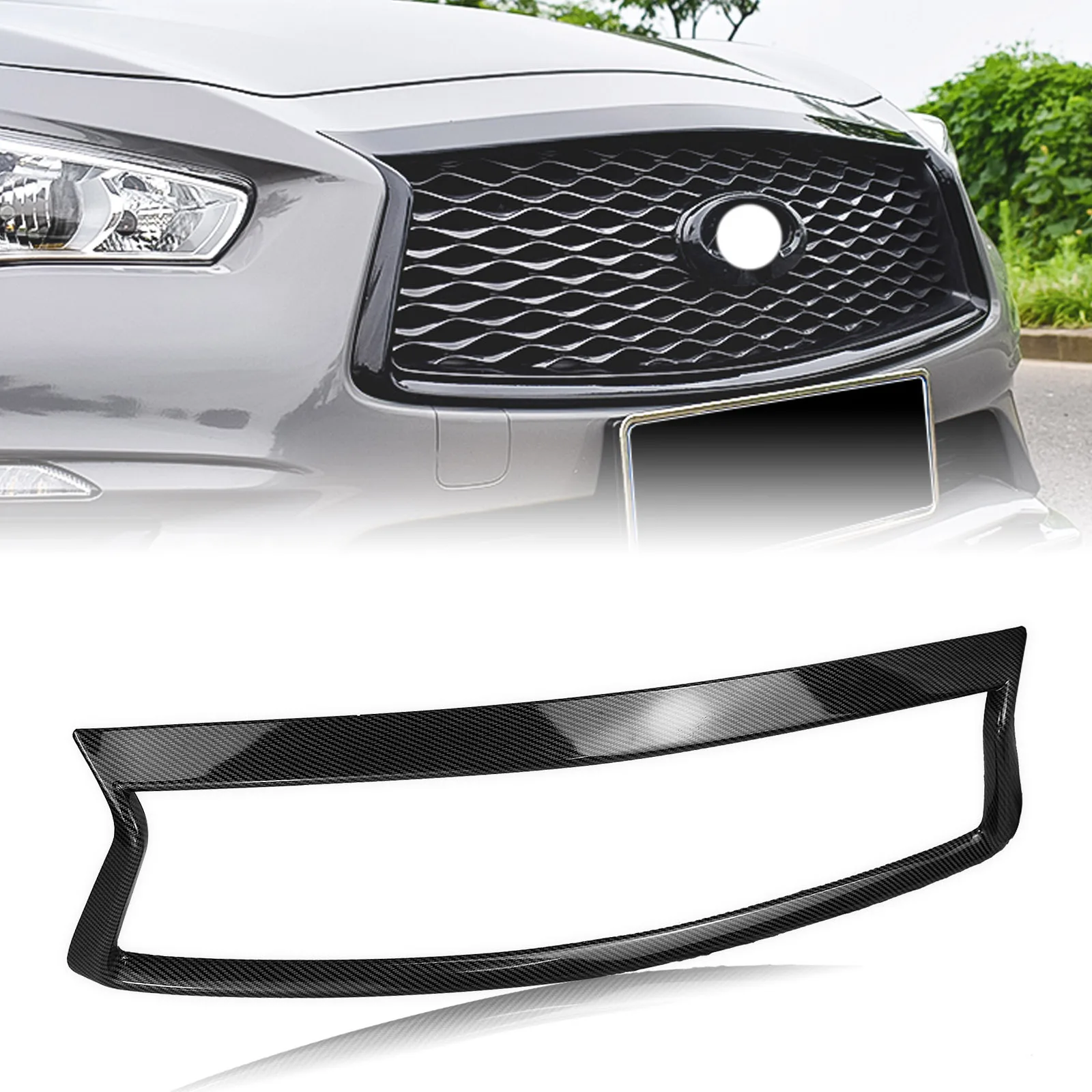 For INFINITI Q50 2014 2017 Car Carbon Fiber Look Front Grille Grill Overlay Trim Cover Strip Add