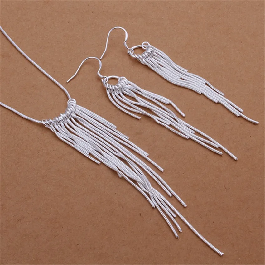 Fine 925 sterling Silver Jewelry sets for women 18 inches Tassel lines necklace earrings Fashion Party wedding Christmas Gifts fine 925 sterling silver jewelry sets for women 18 inches tassel lines necklace earrings fashion party wedding christmas gifts