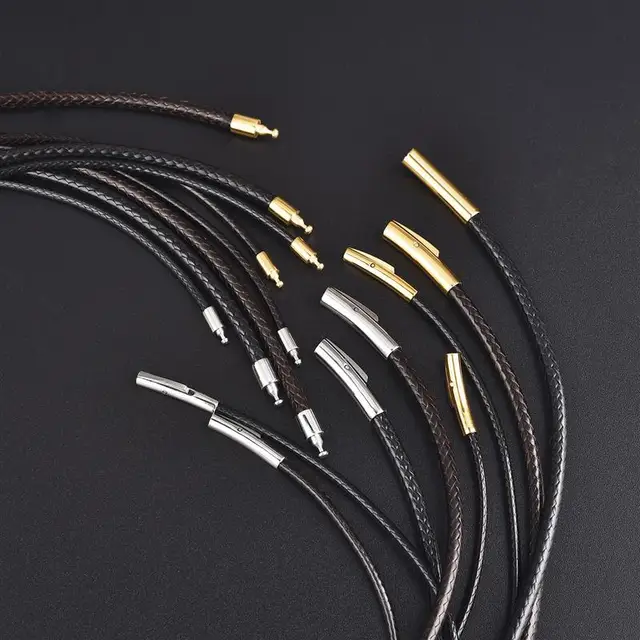 Collier en corde de cire en cuir noir de 2mm, Tube en acier inoxydable, fermoir, bricolage, colliers unisexes, chaîne, accessoires de bijoux, nouveau 1