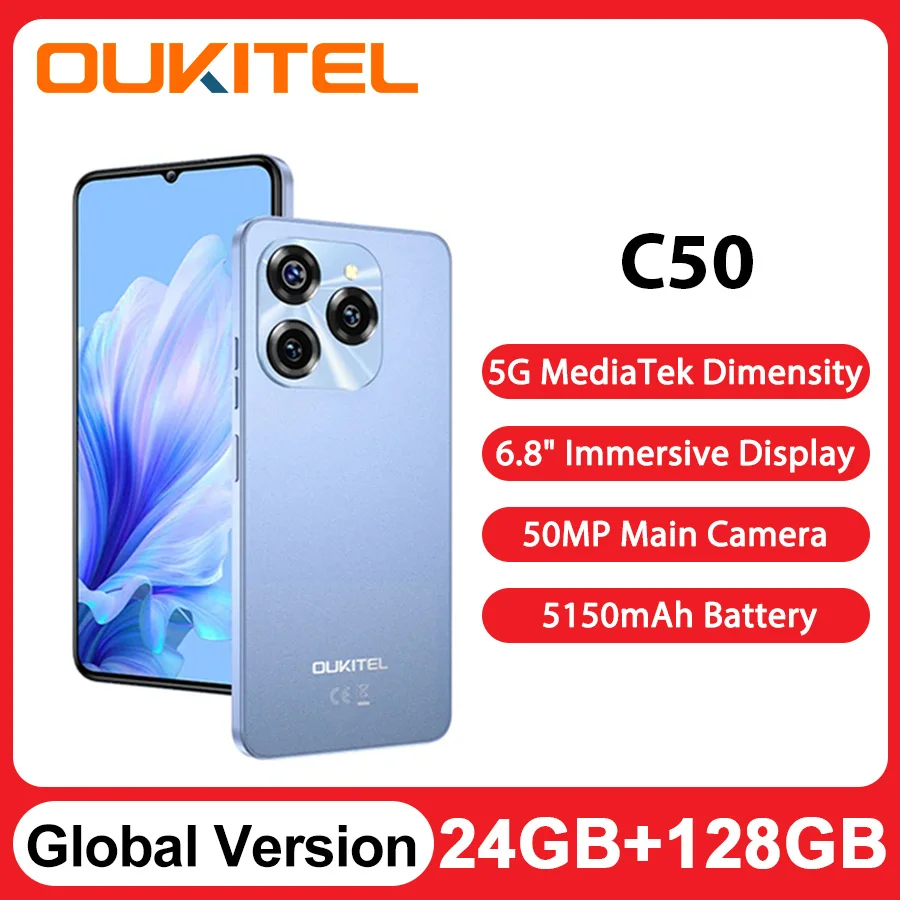 Oukitel-C50 5g携帯電話,6.8インチHDウォータードロップ