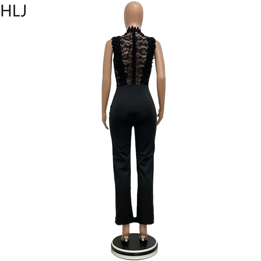HLJ Elegant Lady Lace Perspective Ruched Straight Jumpsuits Women Round Neck Sleeveless Slim Rompers Fashion Party Club Overalls