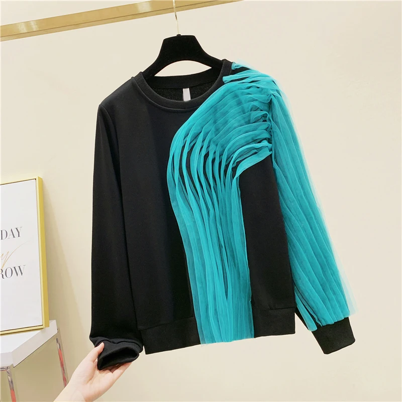 

Spring And Autumn New Sweater Mesh Splice Contrast Round Neck Pullover Loose Korean Women's Sweater Top