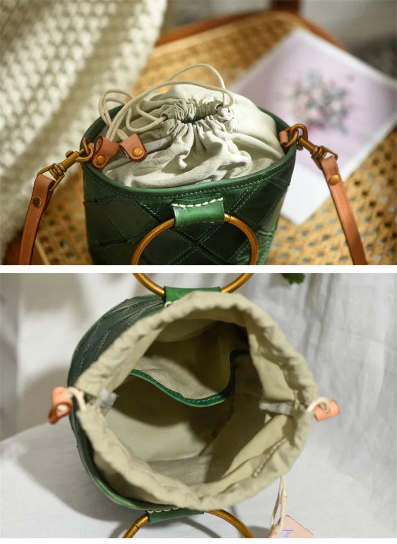 Fashion metal handle designer natural genuine leather stitching women's small handbag luxury real cowhide green shoulder bag