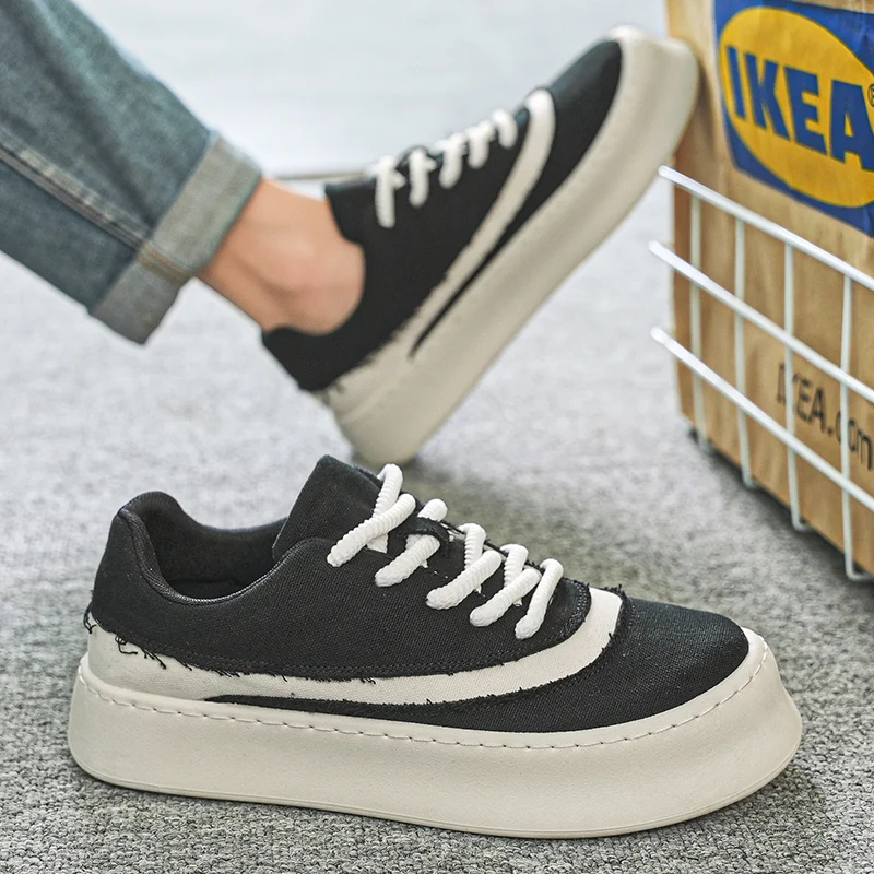 HKDQ Fashion Design Canvas Sneakers Men Black Platform Casual Men's Vulcanize Shoes Summer Breathable Lace-up Leisure Shoes Man