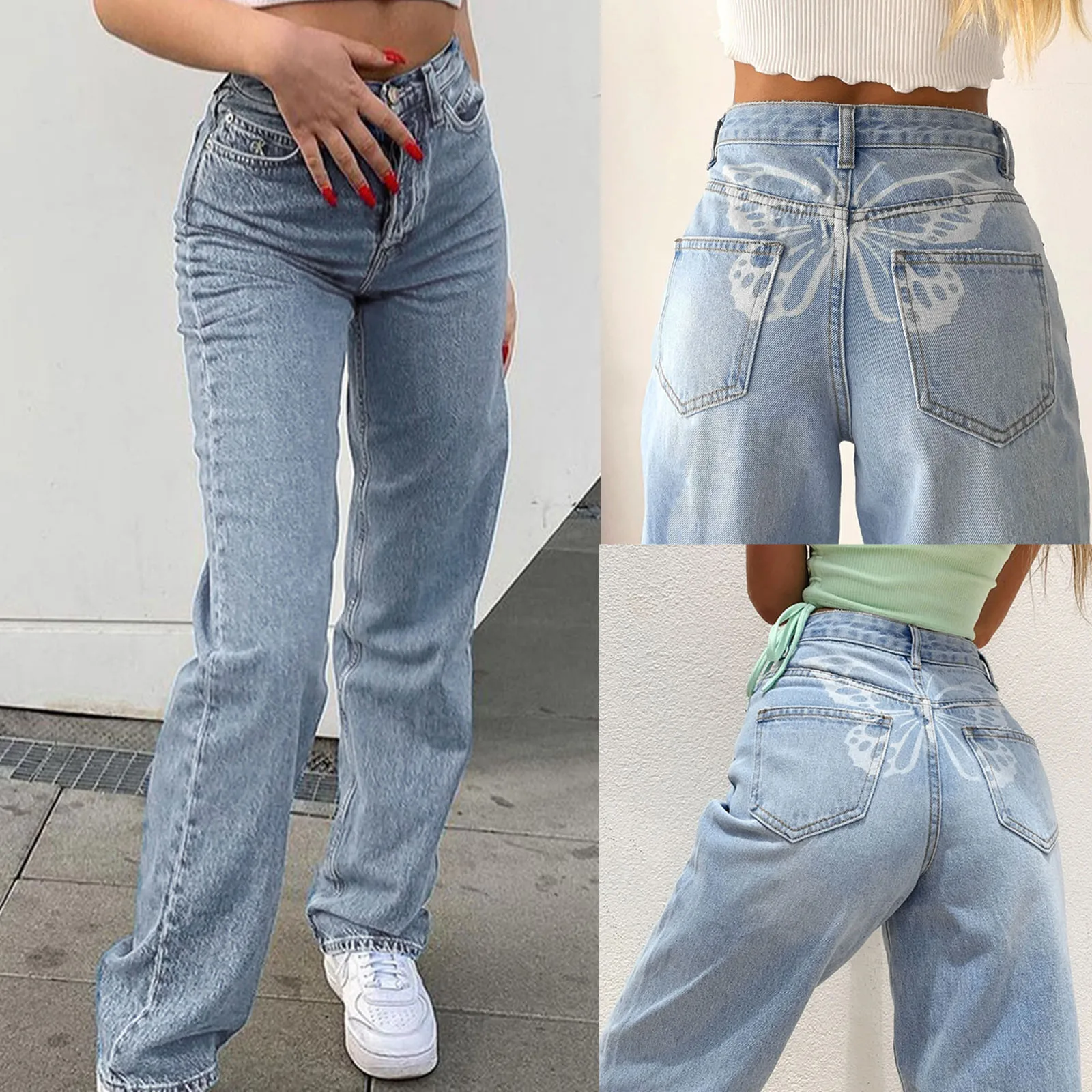 

Women Vintage Jeans Denim Loose High Waist Straight Trousers Butterfly Print Skinny Pants Harajuku Ladies Boyfriend Jeans