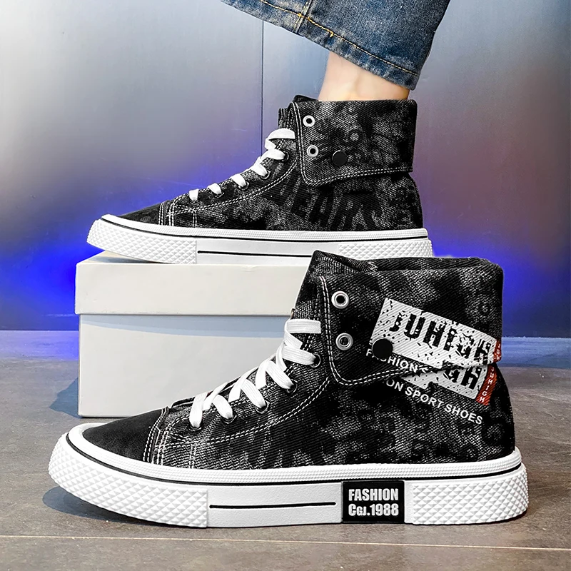 HKDQ High Top Canvas Shoes Men Fashion Casual Blue Men's Vulcanize Shoes Street Style Breathable Denim Designer Sneakers For Men 5