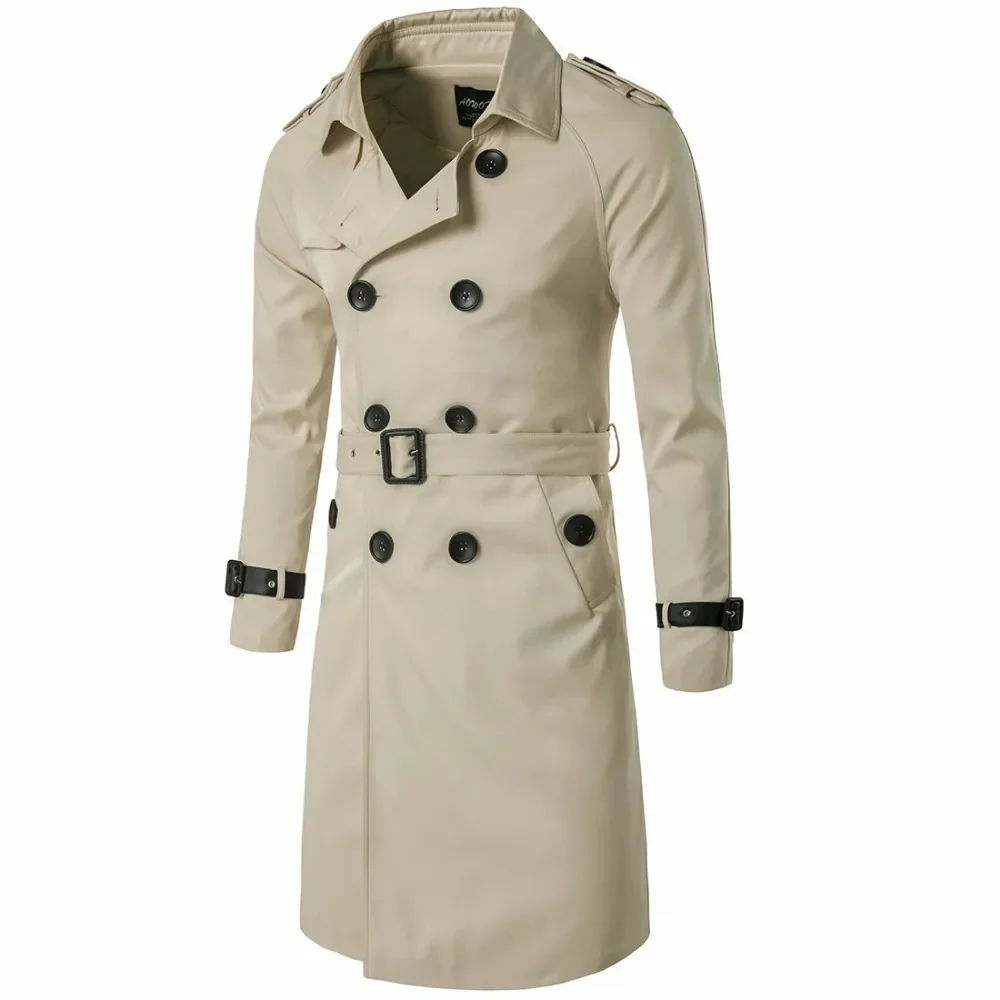 Schinteon Men Trenchcoat British Style Classic Trench Coat Jacket Double Breasted Long Slim Outwear Adjustable Leather Belt