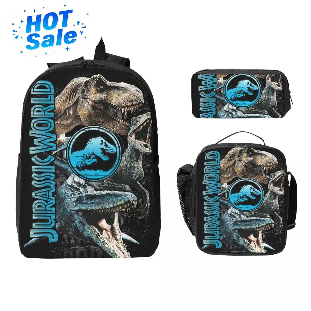 New Jurassic World Dinosaur Backpack Boys Girls BookBag School Bag Computer Shoulder Bags 3ps Insulated Lunch Bag Pencil 1