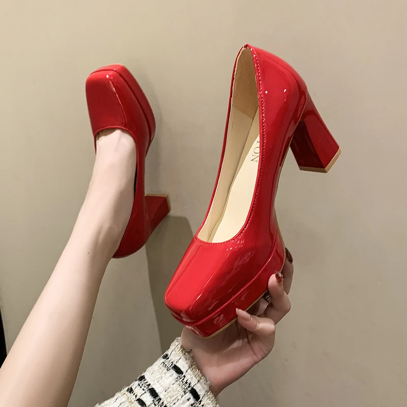 Sexy Square Toe Womens Shoes Heels Patent Leather Wedding Party Big Size 43 Pumps Square Heel Zapatos De Mujer Plataforma 2