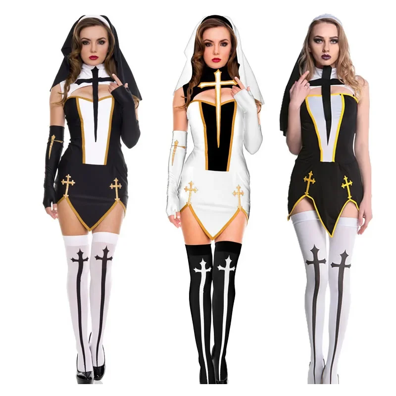 

aster Sexy Nun Costume Adult Women Halloween Party Cosplay Dress Fancy Girl Sister Party With Stockings Gloves Hoodie