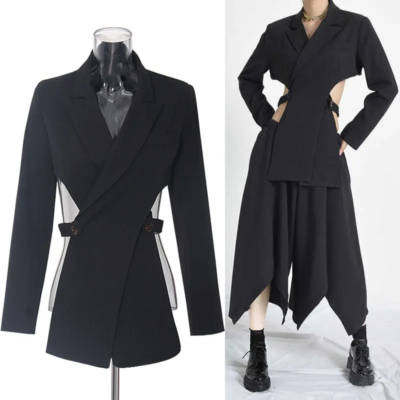 

Women Black Backless Hollow Out Irregular Blazer New Lapel Long Sleeve Loose Jacket Fashion Spring Autumn