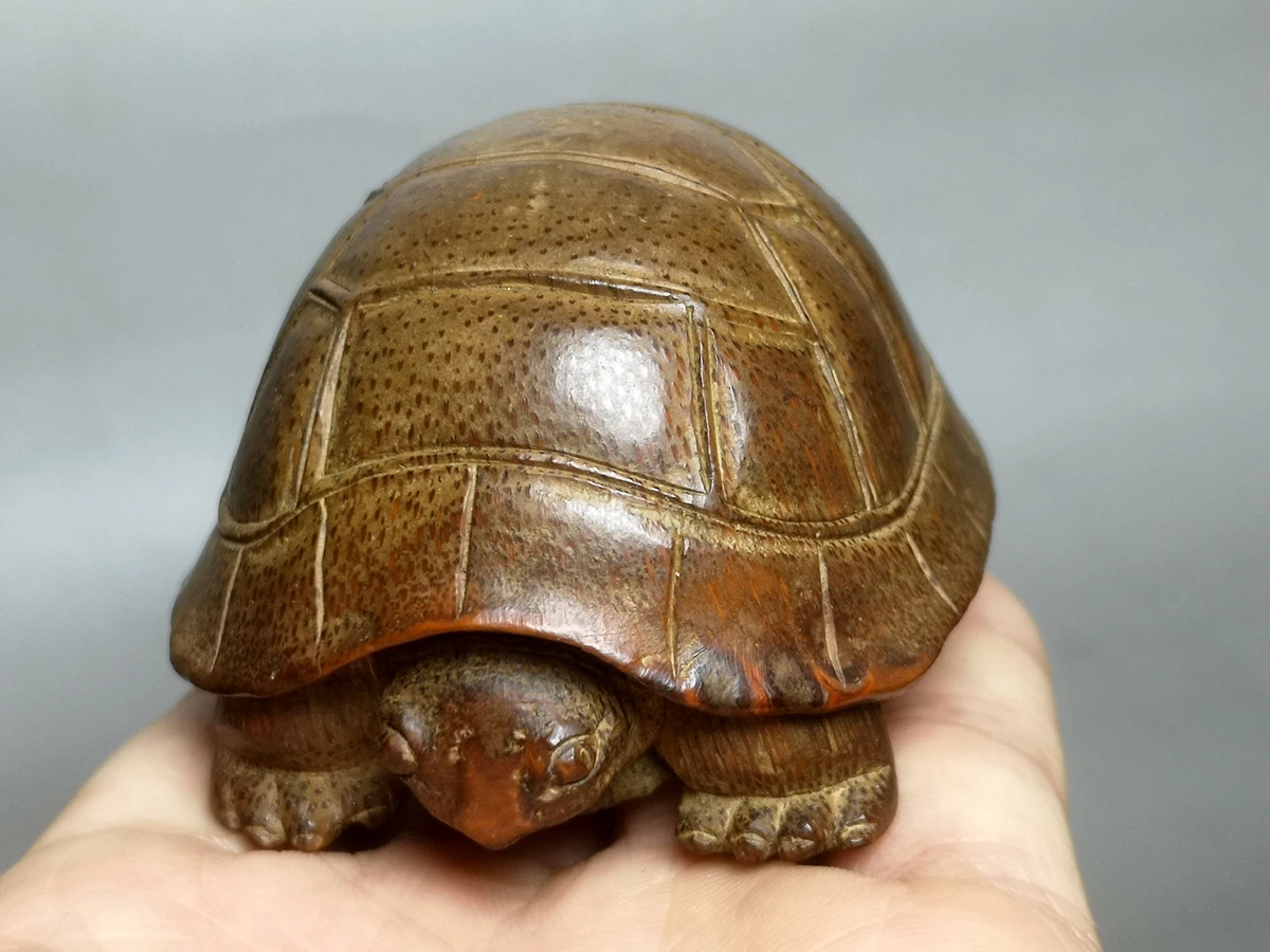 

1919 3" Old Antique Chinese Folk art Hand Carved Bamboo root Turtle tortoise statue Desk Decoration Collection