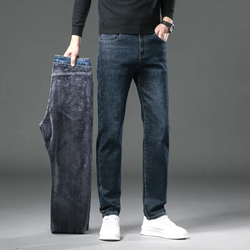 Winter Men's Fleece Jeans Straight Slim Stretch Fashion Business Denim Pants Thickened Warm Male Plush Trousers Brand Clothes