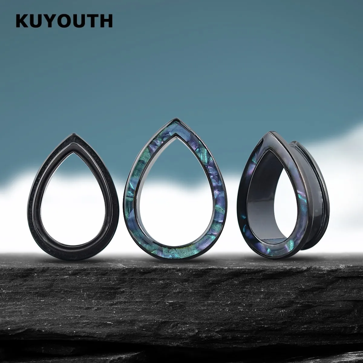 Kuyouth Shell Ohr messer Tunnel Expander Stecker Wasser tropfen Hohl tragen Edelstahl Ohrring Schmuck 2St – Detail 2
