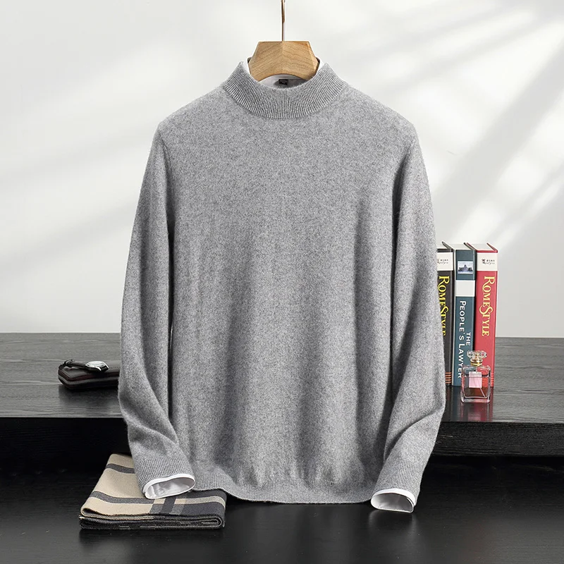 100% high-quality cashmere men's autumn and winter pullover, semi high neck classic versatile warm sweater jacket 3