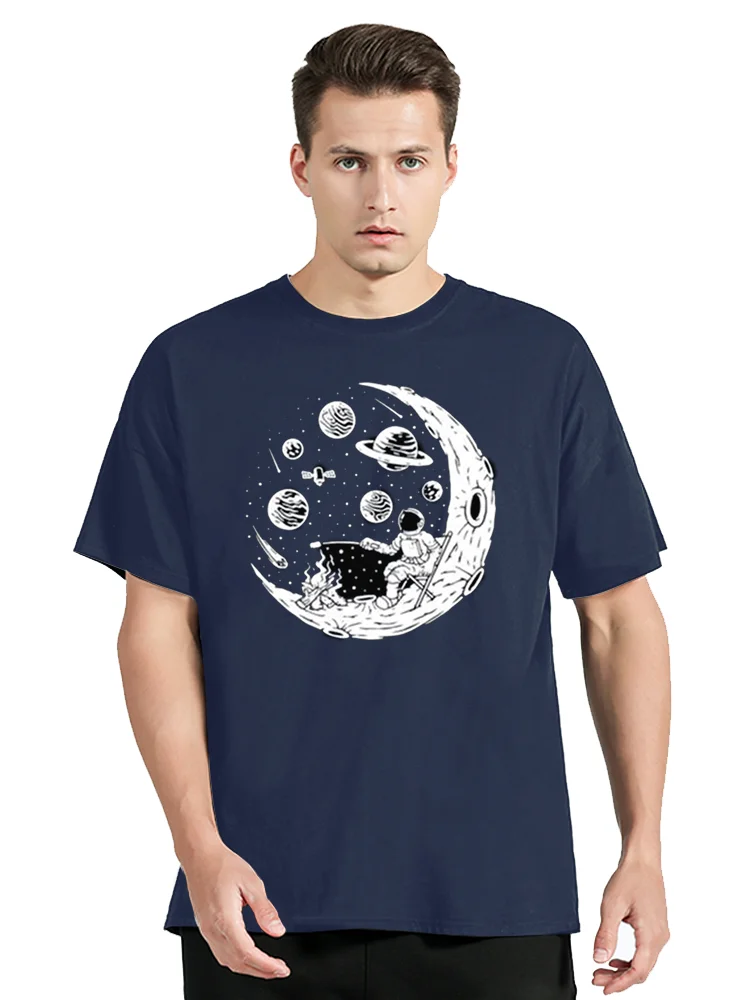 T-shirt High Quality Cotton Funny Astronaut Moon Barbecue Print Casual T shirt Tee Tops Men's Clothing Oversized Tshirt_voghion.com