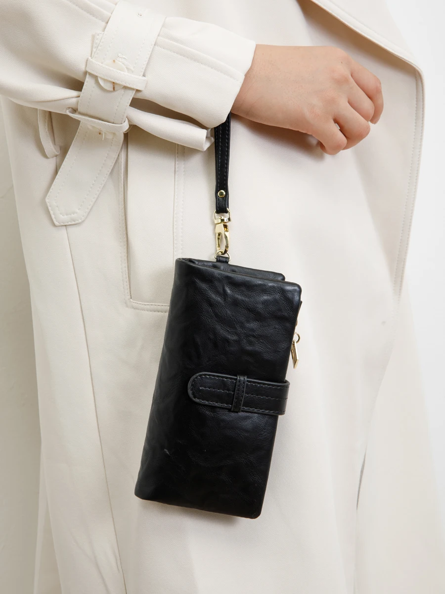 Retro Women's Triple Fold Long Wallet Minimalist with Wrist Strap Multi Card Slot Hand Wallet 3