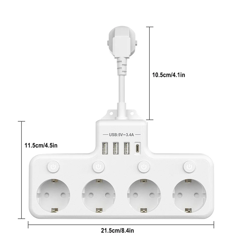 EU Plug Power Strip Multiple Socket with Individual switch 4 AC Outlets 4 USB Wall Socket Surge Protector