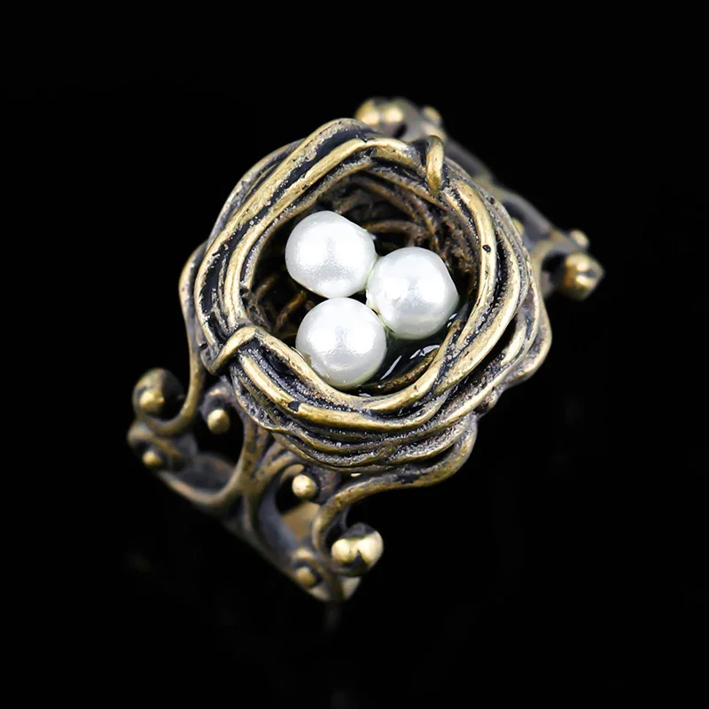 Finger Ring New Fashion Vintage Bird Nest Imitation Pearl Open Rings For Women Girls Anniversary Birthday Gifts Party Jewelry