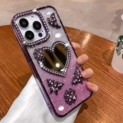 Elegant Heart Makeup Mirror Case with Plating Butterfly and Glitter Diamond Design - iPhone 14 Plus (Purple)