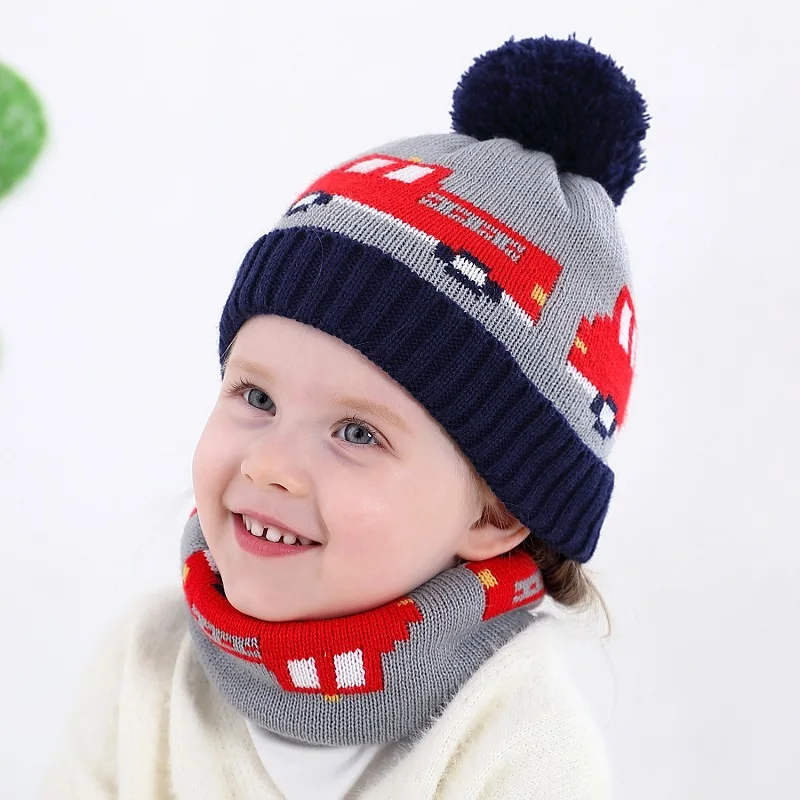 Wool Knitted Jacquard Cartoon Car Baby Boy Hat Scarf Set Children Kids Winter Cap