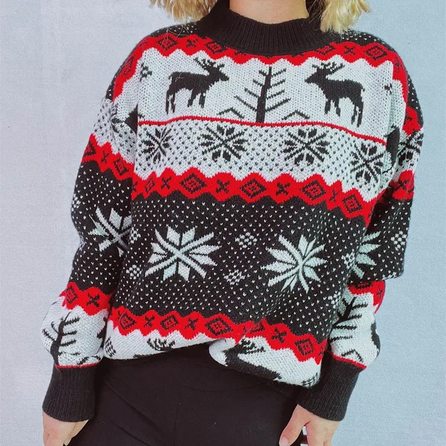 2024 Women'S Christmas Ugly Sweater Reindeer Jacquard Knit Round Neck Pullover Shirt Thick Crew Neck Pullover Thickened Knitwear 2
