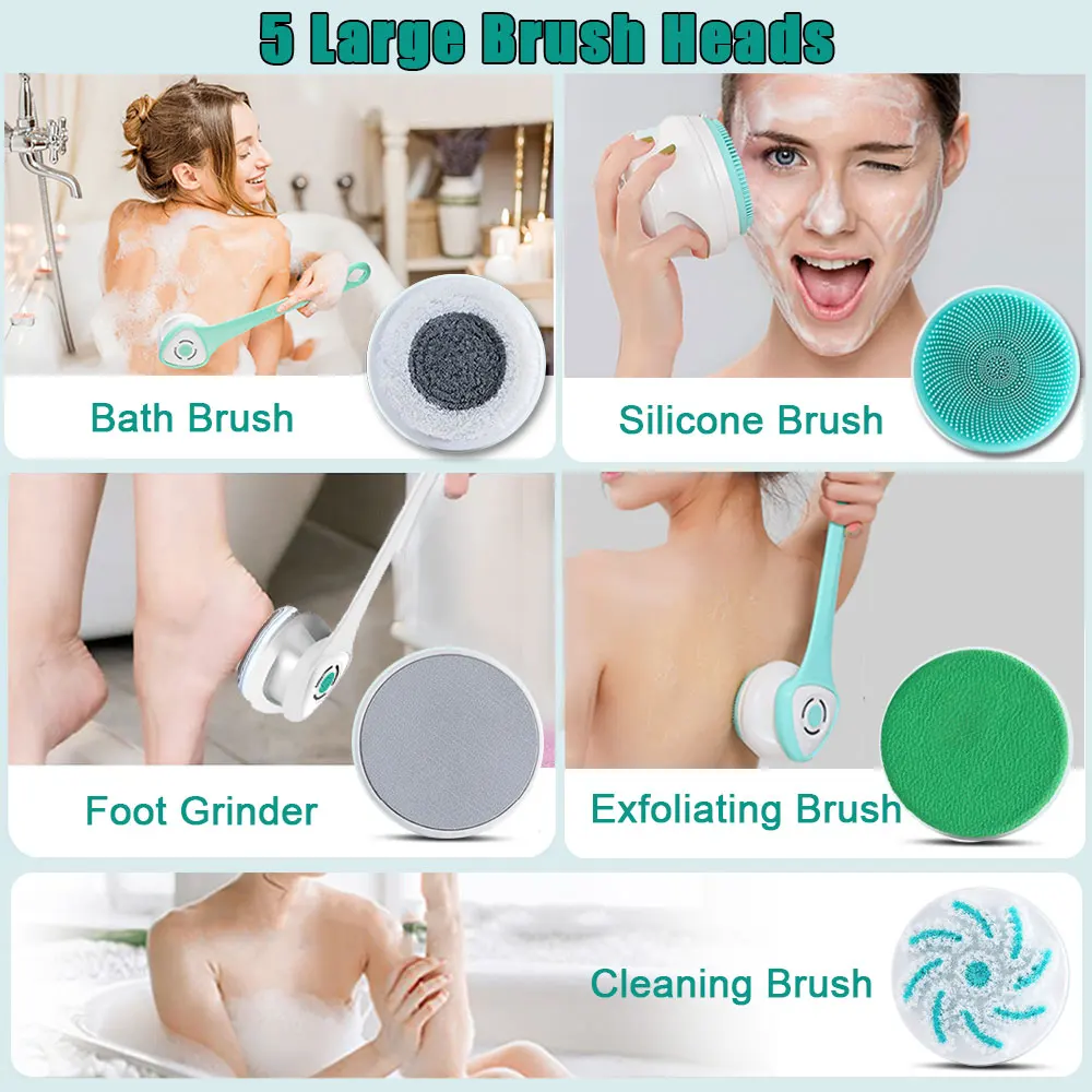 Electric Body Shower Brush Back Scrubber Rechargeable Exfoliating w/5 Multifunction Cleaning Bath Brush Heads Removable Handle