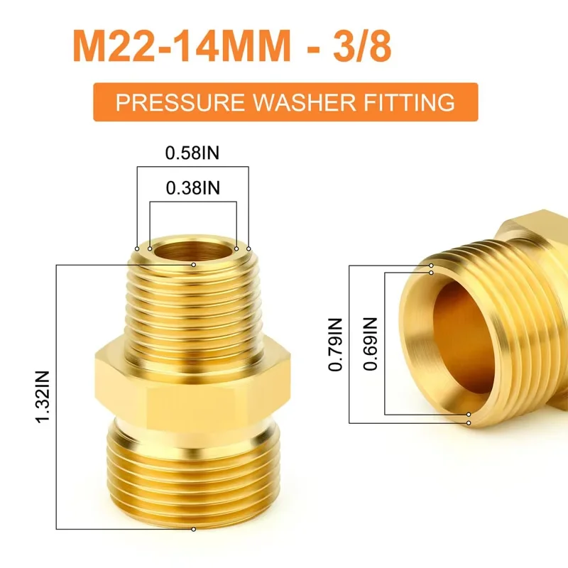 Brass Pressure Washer Coupling Adapter M22-14mm Male to 3/8 and 1/4 Connector M22 Pressure Washer Hose Adapter Fitting 4500 PSI 3