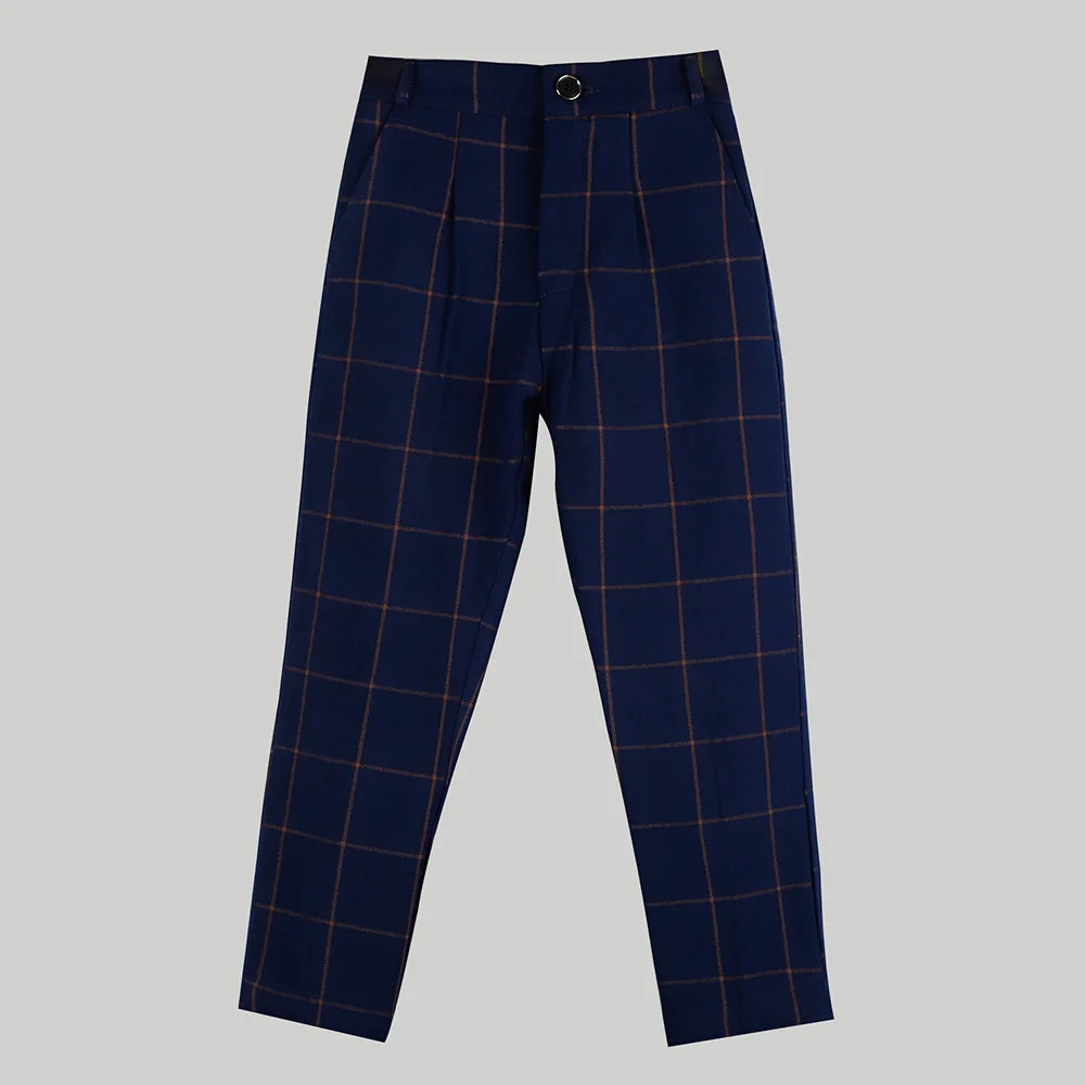 Children Plaid Pants Spring Autumn Boy Performance Long Pants Student Piano Dress Semi Elastic Waist Burgundy Trousers