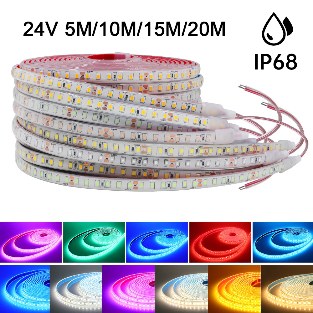 IP68 Waterproof LED Strip Lights 24V 2835 120Leds/m Warm Natural White Red Green Blue Flexible Luces Led Tape Underwater Decor 5m led strip 2835 smd dc 12v 240leds m 300 600 1200 leds waterproof ip65 flexible ribbon string led tape lights cold warm white