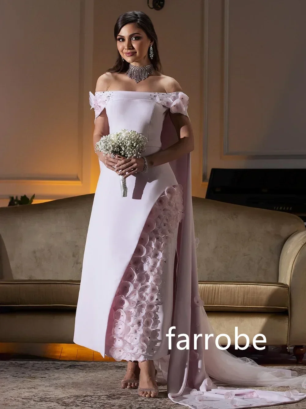 Prom Dress Customized Jersey Pleat Flower A-line Off-the-shoulder Midi