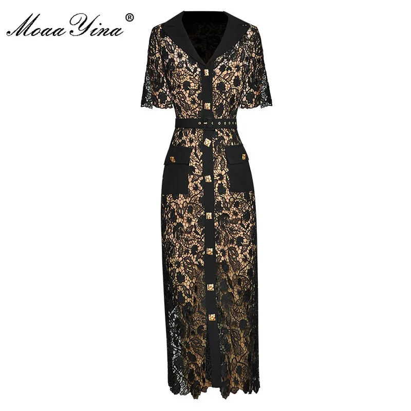 

MoaaYina Fashion Designer dress V-neck Short Sleeve Hollowed Out Water-soluble Flower Lace-up Sexy Package Hip Dress