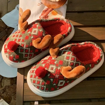 Pantofole soffici da donna per interni Simpatico cervo cartone animato Scarpe calde invernali Morbida peluche antiscivolo Pantofola natalizia in cotone per donna 1