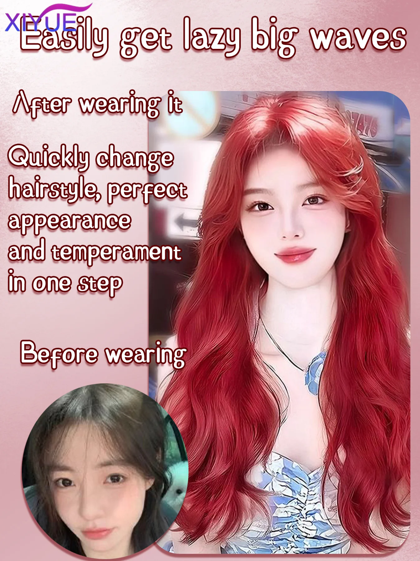 XIYUE Red Synthetic Wig for Women Long Curly Wavy Cute Wigs Middle Part Hair Wigs Halloween Cosplay Daily Party Wigs 26 inch